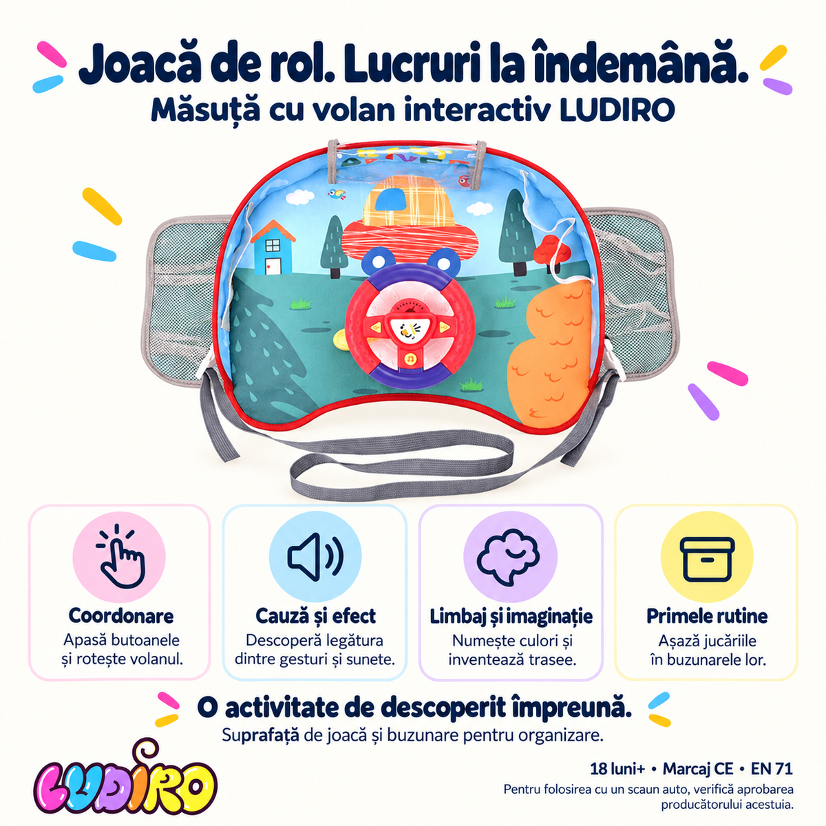 Măsuță LUDIRO cu volan – coordonare, cauză–efect, joacă de rol și organizare, 18+ luni