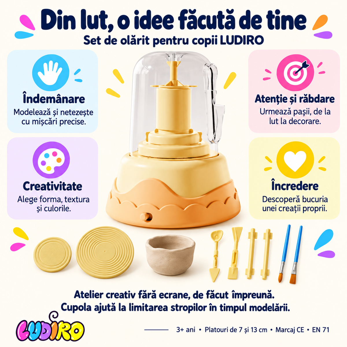 Set de olărit LUDIRO – creativitate, îndemânare, răbdare și exprimare, 3+ ani