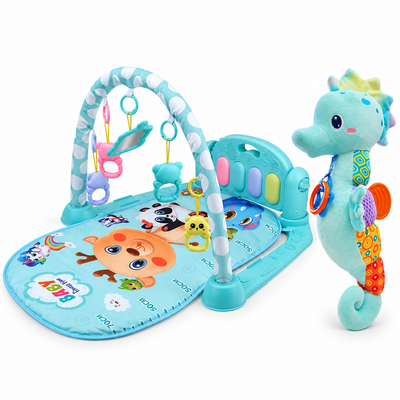 Pachet Ora de Joacă Albastru – Centru de Activități cu Pian + Căluț de Mare Muzical Albastru — toate produsele incluse, pe fundal alb.