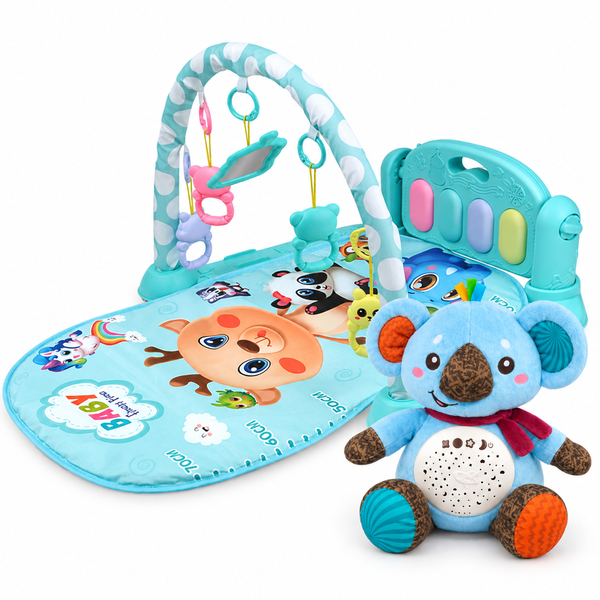 Pachet Joacă și Somn Albastru – Centru de Activități cu Pian + Koala din Pluș cu Proiector de Stele — toate produsele incluse, pe fundal alb.