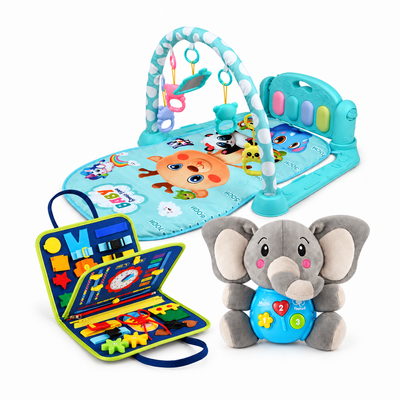 Pachet Bebe Curios Albastru – Centru de Activități cu Pian + Carte Senzorială + Elefant Muzical — toate produsele incluse, pe fundal alb.