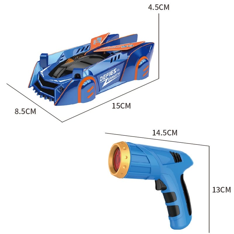 Masinuta Anti Gravitationala care Merge pe Pereti, Control Pistol cu Laser, Acumulator cu Incarcare USB, Albastru Metalizat, 14x8x4 Cm, + 6 Ani - LUDIRO