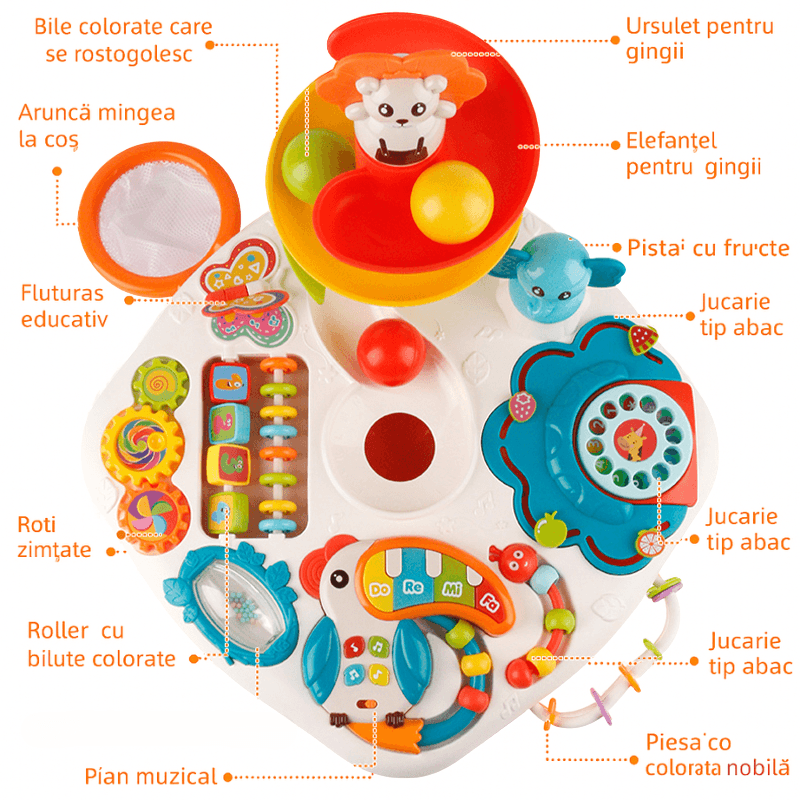 Prezentarea accesoriilor măsuței de activități cu pian și bile