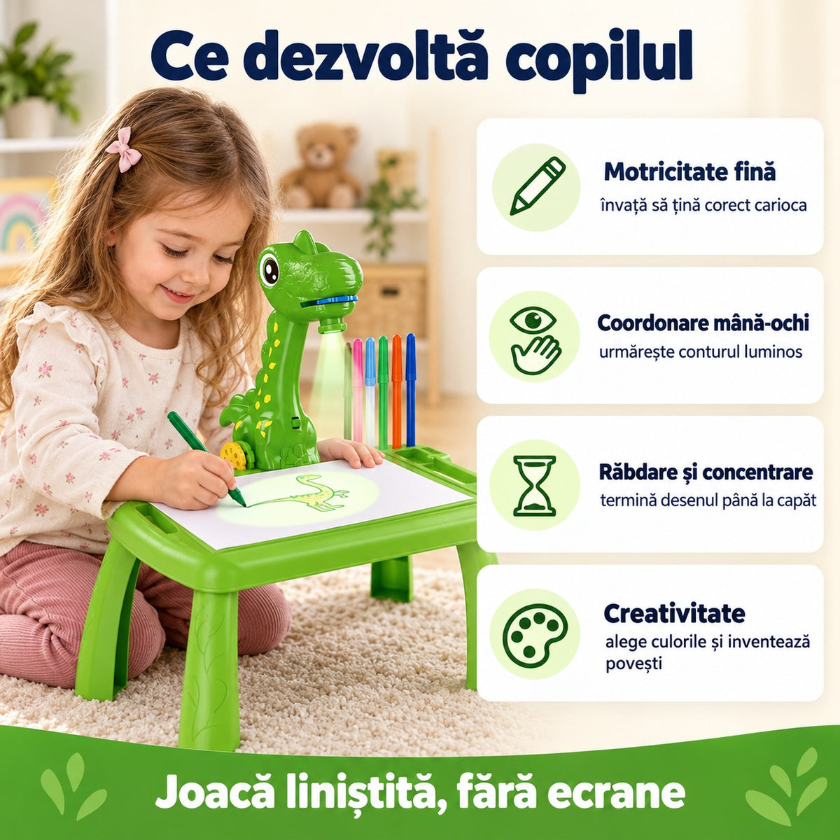 Fetiță care urmărește conturul la măsuța dinozaur, cu beneficiile: motricitate, coordonare, răbdare