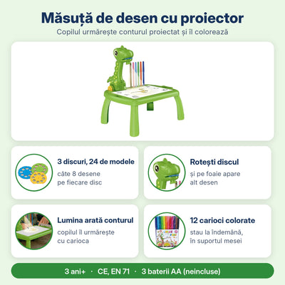 Infografic măsuță de desen dinozaur: 3 discuri cu 24 de modele, disc rotativ, contur luminos, 12 carioci