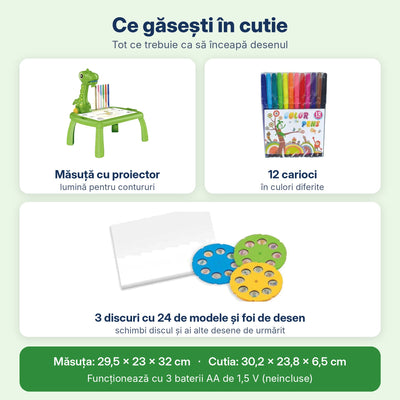 Conținutul măsuței de desen dinozaur: măsuța cu proiector, 12 carioci, 3 discuri, foi de desen și dimensiuni