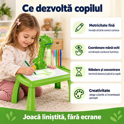 Fetiță care urmărește conturul la măsuța dinozaur resigilată: motricitate fină, coordonare, răbdare și creativitate