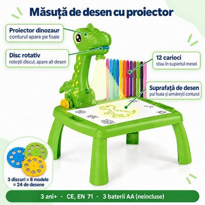 Caracteristicile măsuței dinozaur resigilate: proiector, disc rotativ, 12 carioci, suprafață de desen și 24 de modele