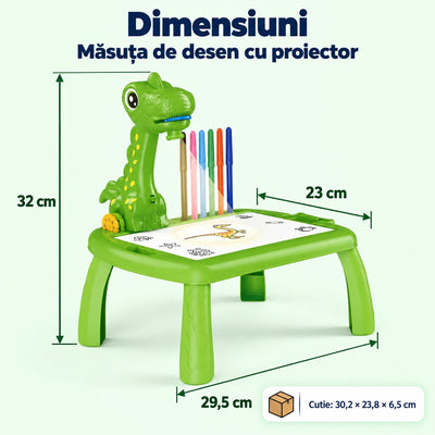 Dimensiunile măsuței de desen dinozaur resigilate: 29,5 × 23 × 32 cm, cutie de 30,2 × 23,8 × 6,5 cm