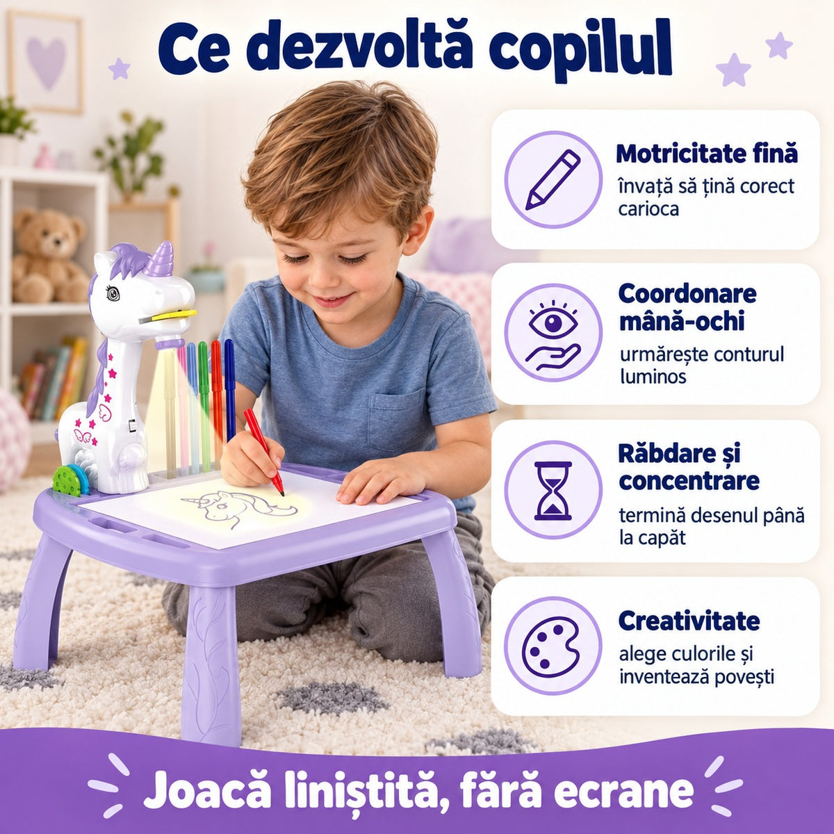 Băiat care desenează la măsuța cu proiector unicorn: motricitate fină, coordonare mână-ochi, răbdare și creativitate