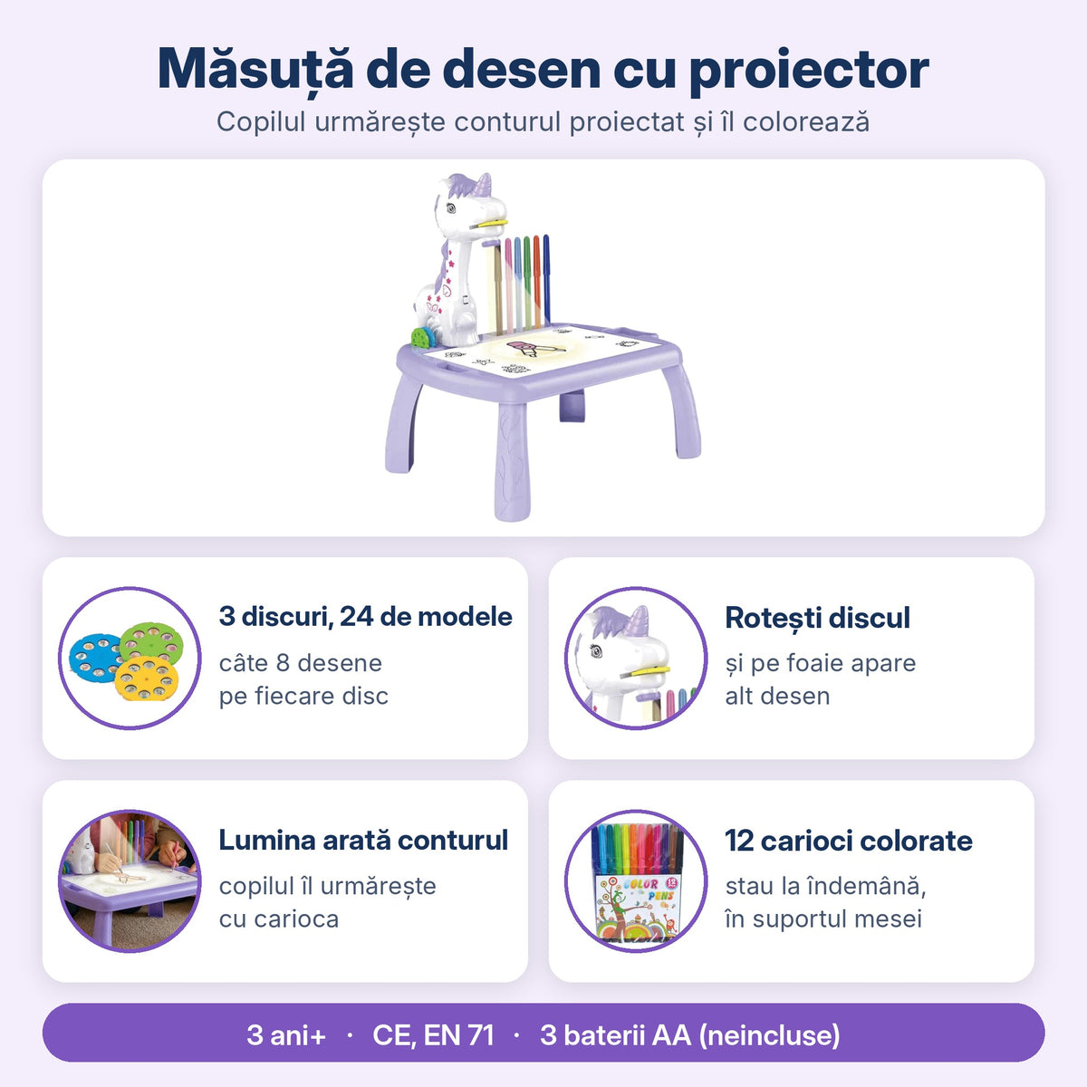 Infografic măsuță de desen unicorn: 3 discuri cu 24 de modele, disc rotativ, contur luminos, 12 carioci