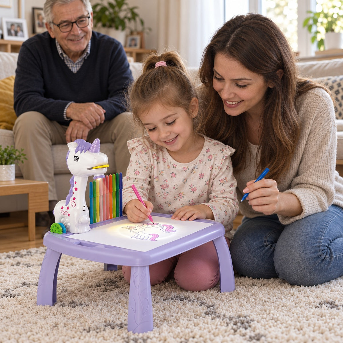 Fetiță care desenează la măsuța cu proiector LUDIRO unicorn mov, cu mama alături și bunicul pe canapea