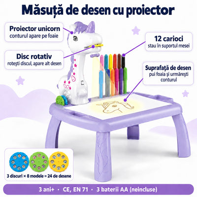 Caracteristicile măsuței unicorn resigilate: proiector cu contur pe foaie, disc rotativ, 12 carioci și 3 discuri cu 24 de desene