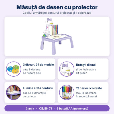 Infografic măsuță unicorn resigilată: 24 de modele pe 3 discuri, contur luminos și 12 carioci