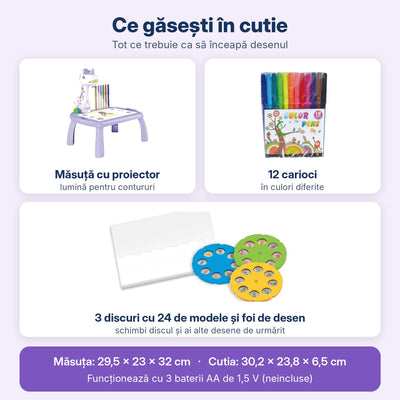 Conținutul măsuței unicorn resigilate: proiector, 12 carioci, 3 discuri, foi de desen, dimensiuni