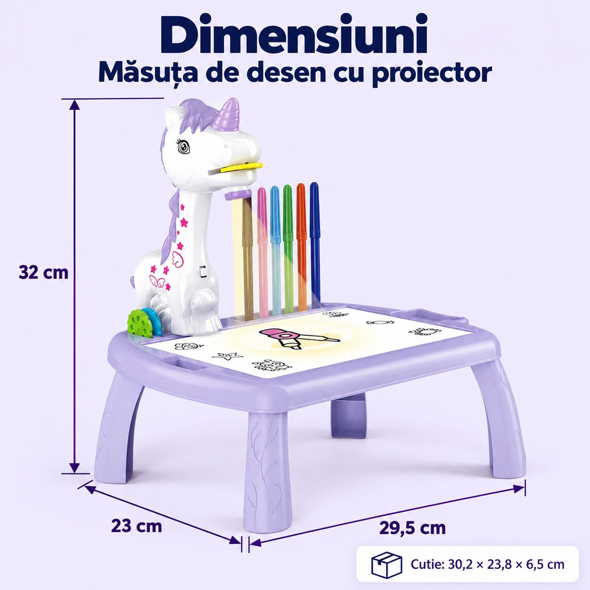 Dimensiunile măsuței de desen unicorn resigilate: 29,5 × 23 × 32 cm, cutie de 30,2 × 23,8 × 6,5 cm