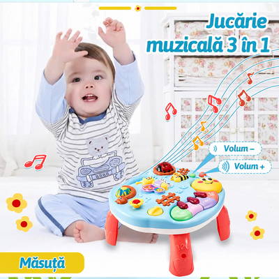 Copil lângă măsuța muzicală LUDIRO 3 în 1, cu indicarea comenzilor de volum în română