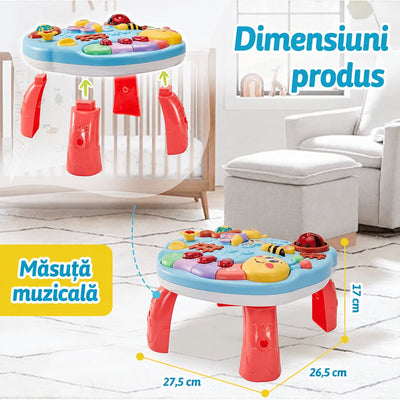Dimensiunile măsuței muzicale LUDIRO: 26,5 × 27,5 × 17 cm, cu ilustrarea montării celor patru picioare