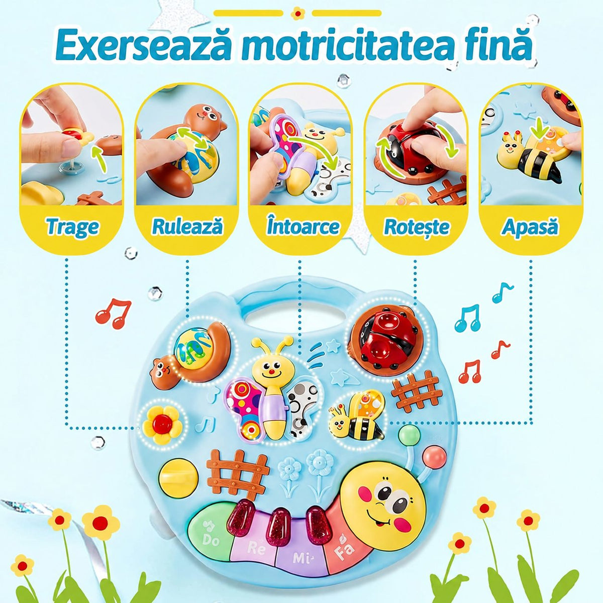 Activități pentru motricitatea fină pe măsuța LUDIRO: trage floarea, rulează bila, întoarce aripa, rotește buburuza și apasă albinuța