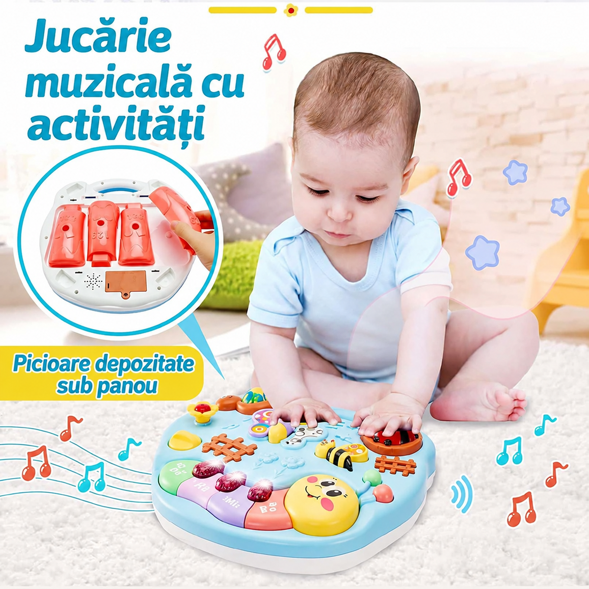 Copil explorând panoul muzical LUDIRO fără picioare, cu detaliu al depozitării picioarelor sub panou