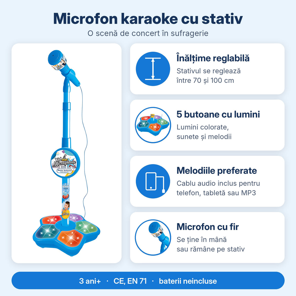 Infografic microfon karaoke albastru: stativ 70–100 cm, 5 butoane cu lumini, cablu audio, microfon cu fir