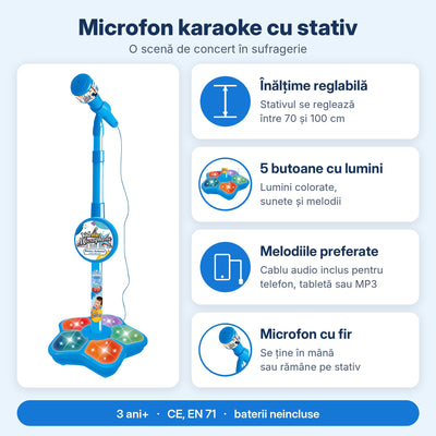 Infografic microfon karaoke albastru: stativ 70–100 cm, 5 butoane cu lumini, cablu audio, microfon cu fir