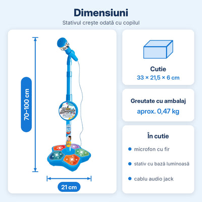 Dimensiunile microfonului karaoke albastru: stativ 70–100 cm, bază 21 cm, cutie 33 × 21,5 × 6 cm