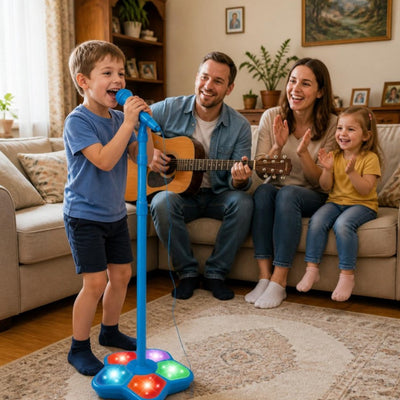 Băiat care cântă la microfonul karaoke LUDIRO albastru, cu tatăl la chitară, mama și sora care aplaudă