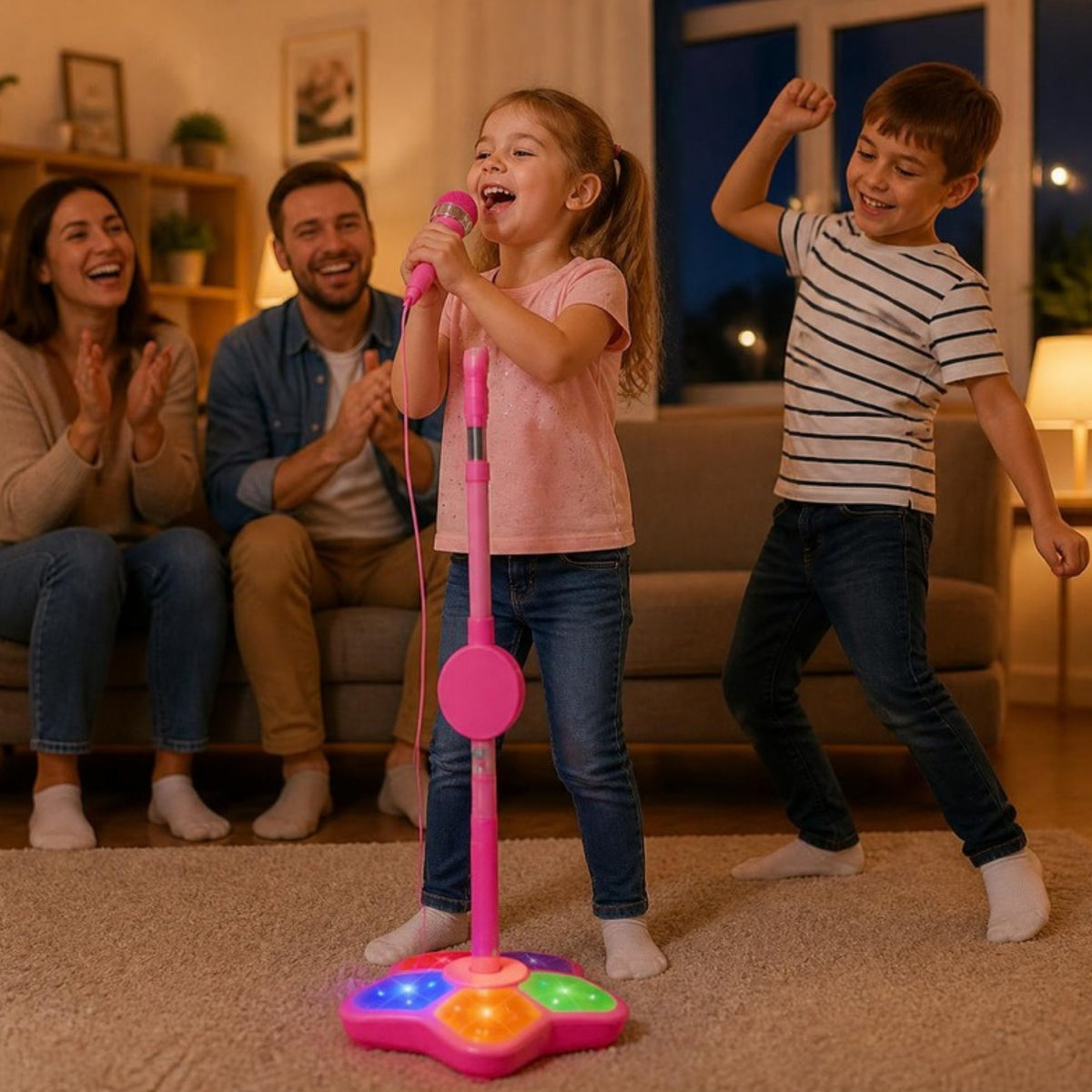 Fetiță care cântă la microfonul karaoke LUDIRO roz, cu părinții care aplaudă și fratele care dansează