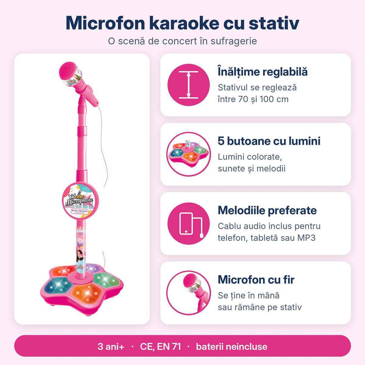 Infografic microfon karaoke roz resigilat: stativ 70–100 cm, 5 butoane cu lumini și cablu audio