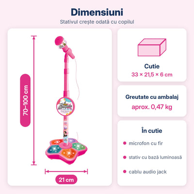 Dimensiunile microfonului karaoke roz resigilat: stativ 70–100 cm, bază 21 cm, cutie 33 × 21,5 × 6 cm