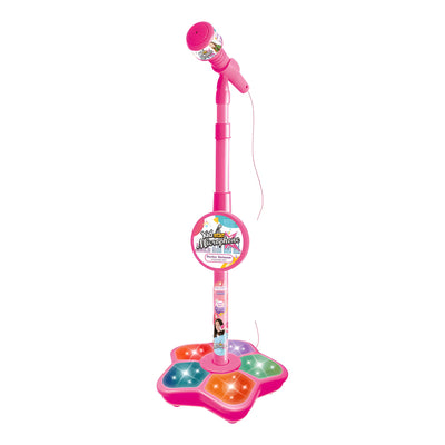 Microfon karaoke LUDIRO roz resigilat, cu stativ reglabil și bază cu 5 butoane luminoase, pe fundal alb