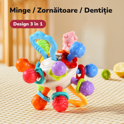 Mingea de dentiție LUDIRO 3 în 1: minge de prins, zornăitoare și jucărie de dentiție