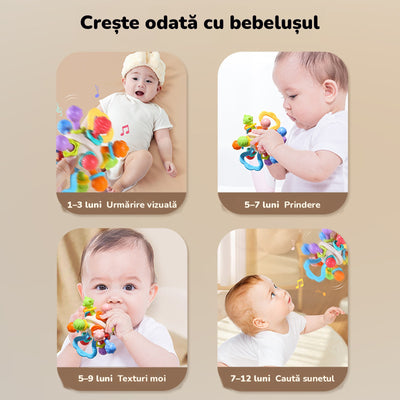 Etapele de joacă de la 1 la 12 luni: urmărire vizuală, prindere, texturi moi și căutarea sunetului