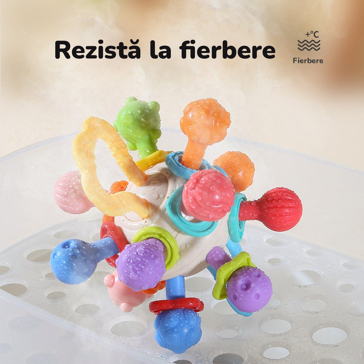Mingea de dentiție udă după sterilizare, cu textul Rezistă la fierbere