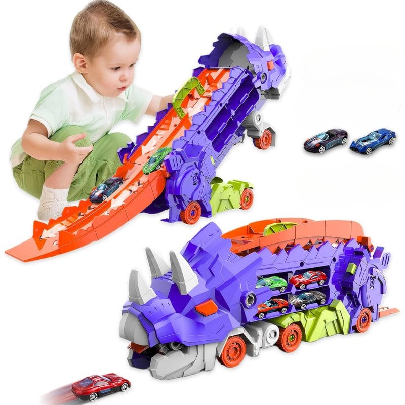 Set Multifunctional Dinozaur 2-in-1, Camion de Transport si Rampa de Lansare cu 2 Masinute, Distractie, Educatie si Dezvoltarea Creativitatii pentru Copii, + 3 Ani, Albastru Portocaliu - LUDIRO