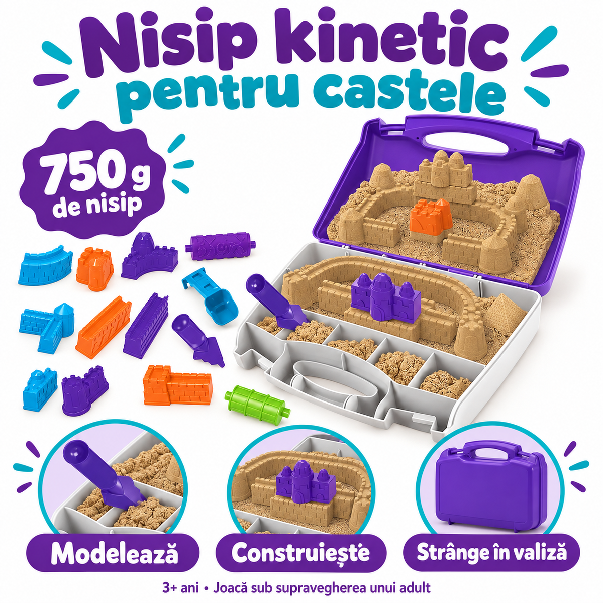 Set de nisip kinetic LUDIRO cu 750 g de nisip, valiză și forme pentru castele