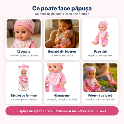 Infografic: păpușa bebeluș are 12 sunete, bea apă, face pipi și vine cu biberon și săculeț