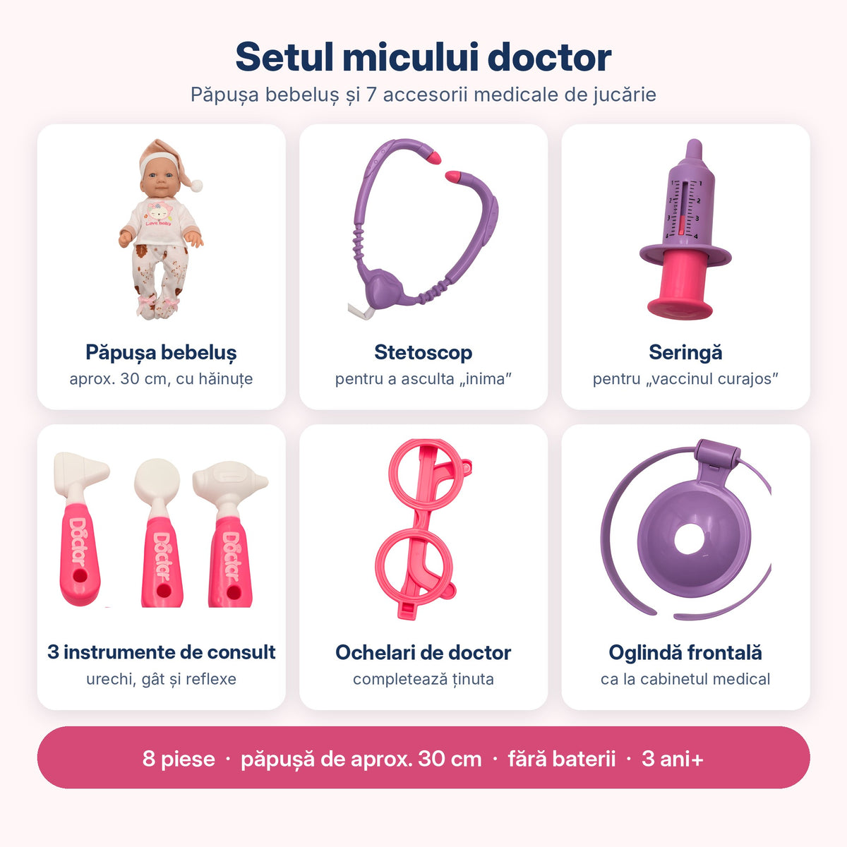 Infografic: păpușa bebeluș și cele 7 accesorii de doctor, de la stetoscop la oglinda frontală