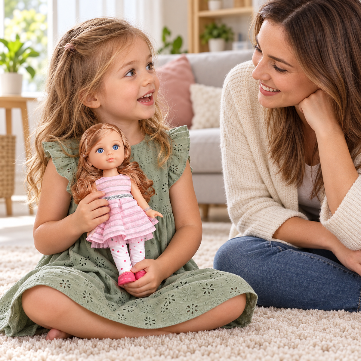 Fetiță care ține păpușa cu rochiță roz în brațe și inventează o poveste alături de mama ei