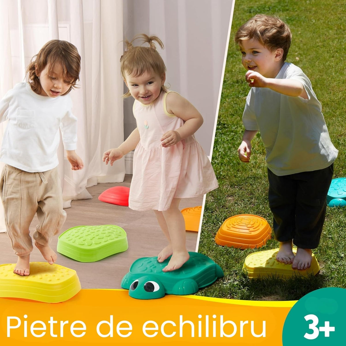 Copii folosind pietrele de echilibru LUDIRO în interior și exterior, recomandate de la 3 ani