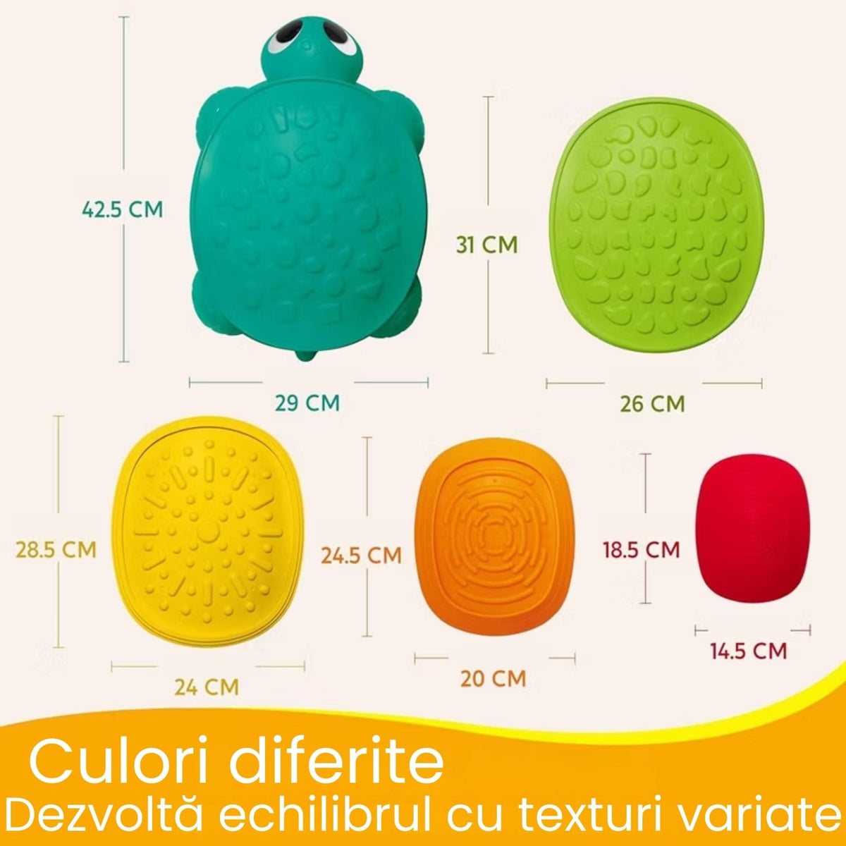 Dimensiunile celor cinci pietre LUDIRO, de la țestoasa de 42,5 × 29 cm la piesa de 18,5 × 14,5 cm