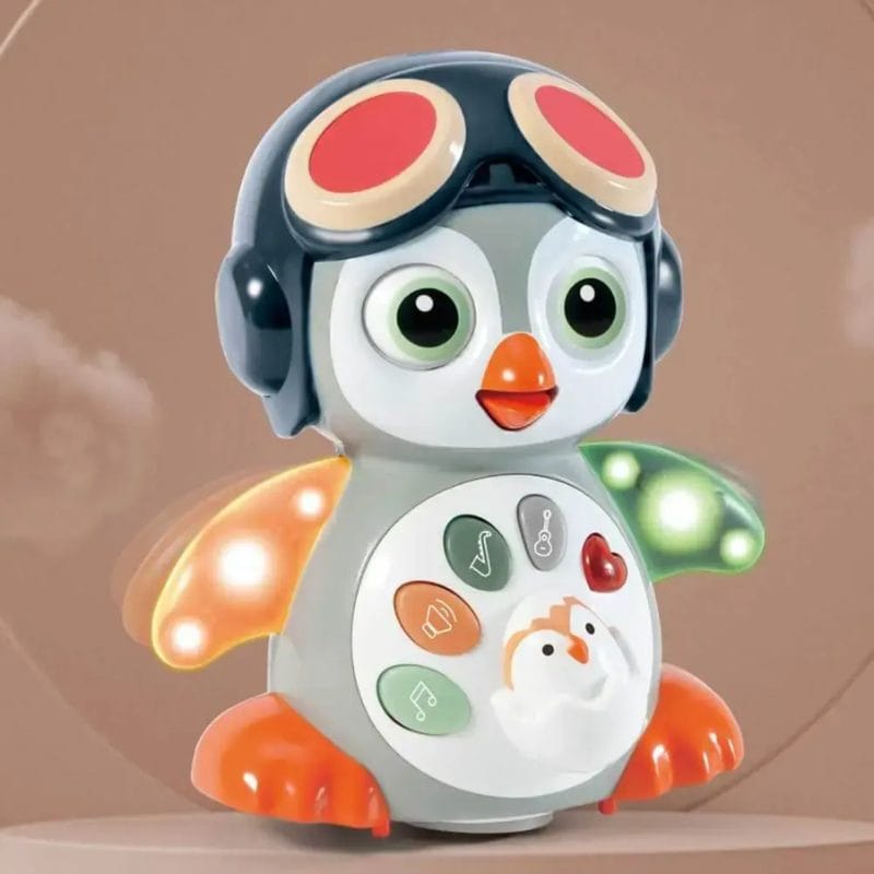 Pinguinul LUDIRO pe o suprafață de lemn, cu aripile iluminate în verde și portocaliu