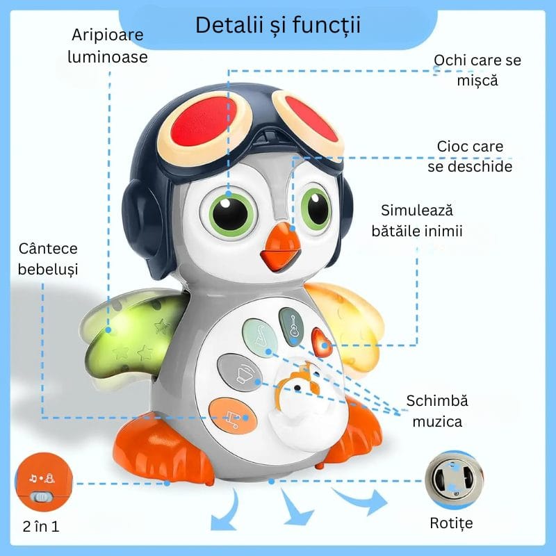 Comenzile pinguinului LUDIRO și detalii despre aripile luminoase, ochii mobili, cioc și rotițe