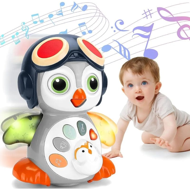 Pinguin interactiv LUDIRO gri și albastru, cu aripi luminoase, prezentat alături de un copil