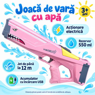 Pistol cu apă electric roz, rezervor de 550 ml, jet de până la 12 m și acumulator cu încărcare USB