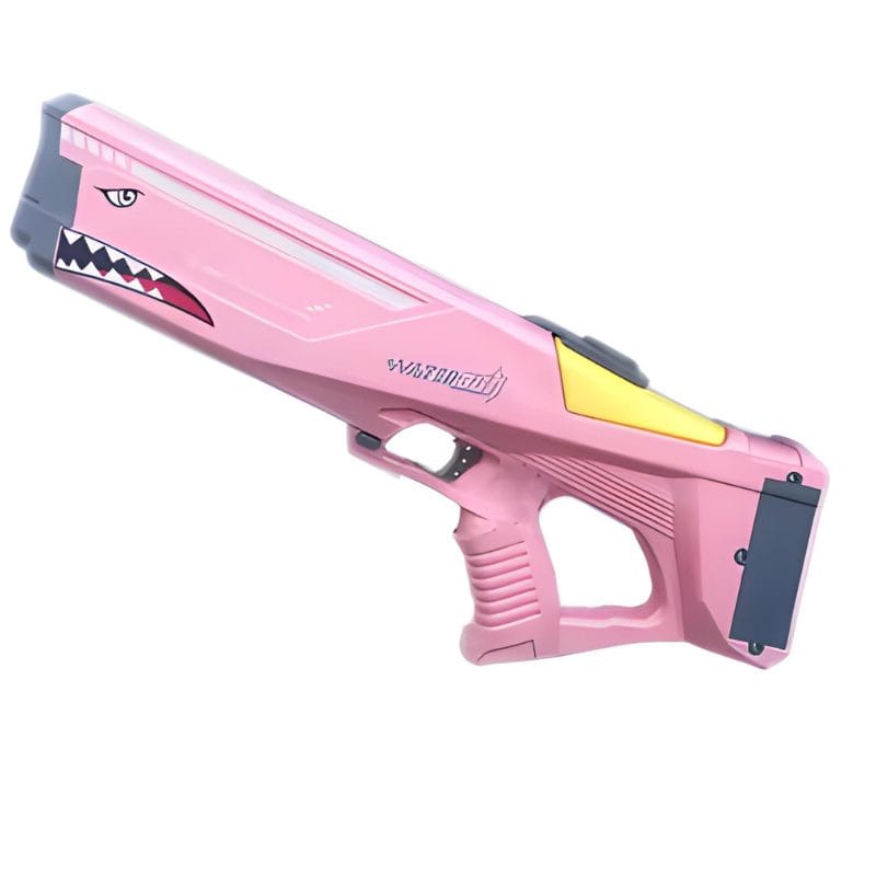 Pistol cu apă electric roz, cu motiv de rechin și detalii galbene și gri