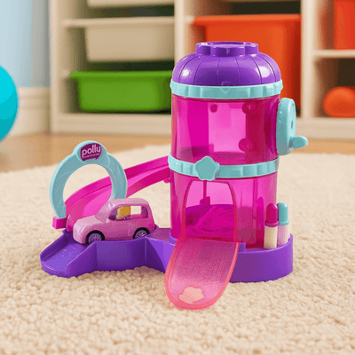 Garajul Fermecat cu Rampă & Mașinuță – Set de joacă Polly Pocket, 25 cm, Pentru Copii +3 Ani - LUDIRO