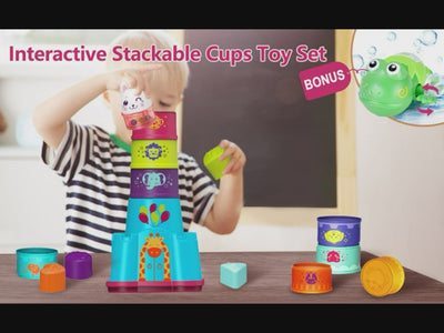 Set Educativ de Stivuit si Construit, Sortare Forme, Varf Pisicuta Zornaitoare, Multicolor, 15 Piese, 17x17x58 Cm, + 9 Luni