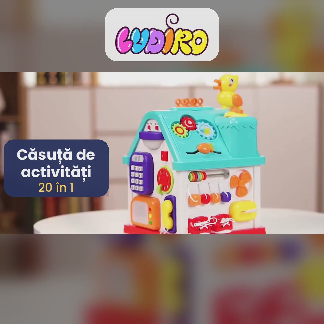 Încărcați videoclipul: Video cu activitățile căsuței LUDIRO 20 în 1: telefon cu melodii, lumini, ciocănitoare magnetică și abac